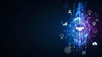 Digital handshake with glowing technology icons and data visualization elements on dark blue background for business partnership concepts.