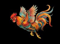 Colorful rooster with vibrant red, orange, and turquoise plumage isolated on transparent background. Ready for t-shirts, clipart, stickers, and print-on-demand designs.