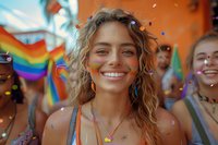 Young woman with rainbow face paint smiling at pride celebration, surrounded by colorful confetti and festive atmosphere. Perfect for LGBTQ+ events, diversity and inclusion campaigns.