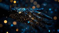 Magical glowing hand silhouette with sparkling golden and blue bokeh lights against dark background creates mystical atmosphere for fantasy designs.