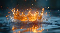 Golden crown splash in dark water with glowing droplets and reflection, dramatic lighting creates magical atmosphere for luxury and power concepts.
