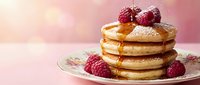 Stack of golden fluffy pancakes topped with fresh raspberries and maple syrup on floral plate against soft pink background for breakfast menu design.