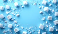 White marshmallow cubes and crumbs scattered in circular pattern on bright blue background, creating frame with empty center space for text.