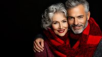 Mature Caucasian couple in red buffalo plaid scarf sharing intimate moment against black background, silver hair, genuine smiles, romantic winter fashion portrait.