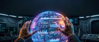 Futuristic holographic data visualization sphere with glowing charts and analytics in high-tech laboratory environment for business intelligence presentations.