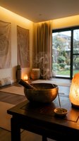 Cozy meditation room with singing bowl, salt lamp and warm ambient lighting creating peaceful wellness sanctuary for mindfulness practice and relaxation.