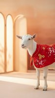 White goat wearing traditional red festive clothing with golden decorations standing in warm sunlit architectural setting for holiday celebrations.