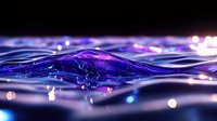 Mesmerizing purple and blue liquid wave with bokeh light effects creates dynamic surface tension, showcasing fluid motion in dark atmospheric setting.