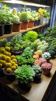 Diverse collection of potted succulents and cacti arranged on wooden shelves, including echeveria, mammillaria, and haworthia varieties in vibrant greens, yellows and pinks.