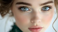 Close up portrait of young woman with bright blue eyes, long eyelashes, natural makeup, glowing skin and pink blush. Soft beauty photography with white background.