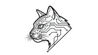 Futuristic cyberpunk cat head with circuit board patterns and electronic elements isolated on white background for modern tech designs.