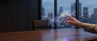 Businessman hand touching holographic financial chart with glowing data visualization in modern office overlooking city skyline at dusk.