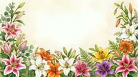 Floral frame with colorful lilies and green foliage on cream background for greeting cards, invitations and decorative design projects.