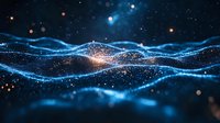 Glowing blue waves of light with sparkles and particles on dark background create futuristic abstract network visualization for technology concepts.