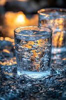 Glass of sparkling water with bubbles and ice cubes captured at sunset with golden bokeh lights creating atmospheric mood for beverage photography.
