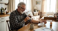 Senior Caucasian man with gray beard and glasses taking medication at home kitchen table with pill bottles and coffee cup during morning routine.