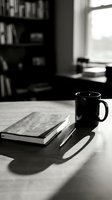 Monochrome workspace with black mug, notebook and pen on desk near window, bookshelf in background. Suitable for business, productivity and lifestyle content.