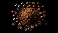 Roasted coffee beans scattered around pile of ground coffee powder on black background, dramatic lighting creates contrast and texture for gourmet food photography.