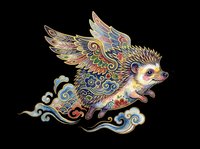 Ornate flying hedgehog with decorative wings and swirling cloud motifs, isolated on transparent background. Ready for t-shirt design, clipart, stickers, sublimation, and print-on-demand products.