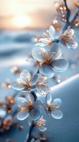 Delicate white cherry blossoms with frost-like texture against soft blue background. Golden morning light creates dreamy bokeh effect, highlighting crystalline petals.