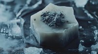 Frozen ice cube with dark powder on top against moody blue background, dramatic close-up macro photography showing texture and crystalline details.