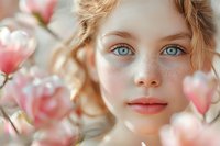 Young woman with blue eyes and freckles surrounded by delicate pink magnolia blossoms in soft spring light, creating dreamy romantic atmosphere for beauty and lifestyle content.