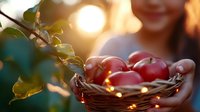 Fresh red apples in woven basket with warm autumn sunlight and bokeh effect, held by hands against blurred natural background with green leaves.