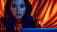 Young woman with dark hair in orange turtleneck against dramatic red and blue lighting background, creating mysterious and cinematic mood for fashion and beauty concepts.