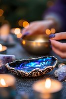 Iridescent abalone shell surrounded by glowing candles and healing crystals on dark textured surface, creating mystical atmosphere for spiritual practices.