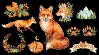 Watercolor fox clipart set with sitting, running, and sleeping foxes, paw prints, floral wreaths, and mountain scene, isolated on transparent background for stickers, t-shirts, print on demand.
