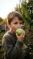 Young boy with light brown hair and fair complexion eating green apple in orchard during harvest season, surrounded by fruit trees and wooden crates.