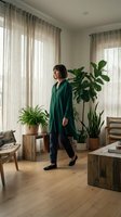 Woman in green cardigan standing in bright living room with potted plants, wooden furniture, and sheer curtains filtering natural light through windows.