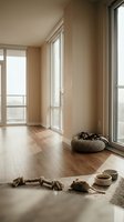 Minimalist interior with wooden flooring, large windows, and natural light streaming through glass doors, featuring pet accessories including a woven bed and food bowls.