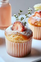 Fresh strawberry cupcakes dusted with powdered sugar and garnished with delicate white flowers on white plate, soft pink drink in background, macro food photography.