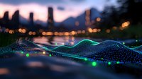 Glowing digital wave visualization against blurred urban skyline at dusk, with bokeh lights reflecting on water surface creating futuristic technology concept.