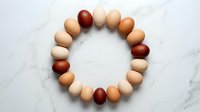 Circle of fresh organic eggs in various natural shades from white to deep brown arranged on marble surface for cooking and baking concepts.