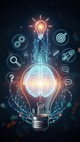 Glowing lightbulb with brain circuit pattern surrounded by business innovation icons on dark starry background for creative technology concepts.
