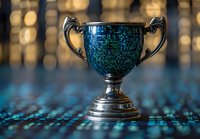 Metallic trophy cup with digital pattern overlay against blurred bokeh background, combining traditional achievement symbol with modern technology aesthetic.