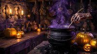 Witch's cauldron with purple smoke, glowing jack-o'-lanterns, and hanging lanterns in a spooky Halloween setting. Perfect for seasonal marketing and festive designs.
