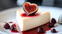 Fresh fig heart slice atop creamy vanilla cheesecake with berry sauce and raspberries on white plate, macro food photography showing texture and details.