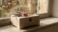 Vintage wooden jewelry box with dried flowers on windowsill in warm sunlight creating romantic rustic home decor atmosphere for interior design projects.