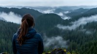 Young woman in blue jacket contemplating misty mountain landscape with evergreen forest valleys and low clouds during moody morning, back view perspective.