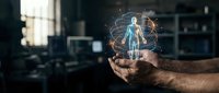 Young adult male with medium skin tone holding glowing digital human figure with network connections, representing healthcare technology, telemedicine, and medical innovation in modern office setting.