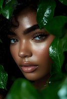 Close-up portrait of young woman with glowing skin and striking eyes framed by lush green tropical leaves, creating natural beauty aesthetic for cosmetic advertising.