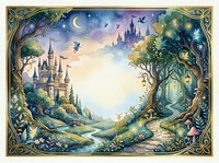 Enchanted fairy tale landscape with magical castles, ancient trees, and mystical creatures in ornate fantasy frame for storytelling and children's book illustration.