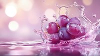 Fresh red grapes splashing in crystal clear water against pink bokeh background, creating dynamic water crown splash effect with droplets in motion.