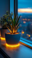 Snake plant in modern illuminated pot on window sill at dusk with city bokeh lights creating cozy atmosphere. Stylish home decor for urban living spaces.
