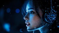 Young Asian woman in profile wearing gaming headset illuminated by blue neon lights and glowing particles, creating futuristic cyberpunk atmosphere.