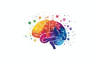 Colorful brain silhouette with puzzle pattern and rainbow splatter effect on white background, representing creativity, psychology, and neuroscience concepts.