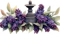 Elegant lilac branches with green leaves arranged around vintage black finial, decorative floral composition on white background for design projects.